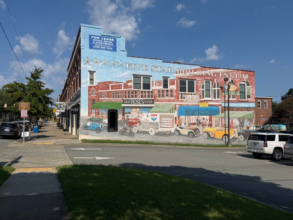 Colorful mural on a historic building in downtown Mebane, North Carolina